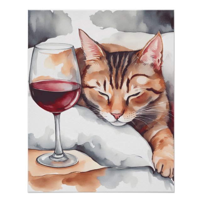 Póster A Sleeping Cat And Red Wine Glass, Cat Lover (Anverso)