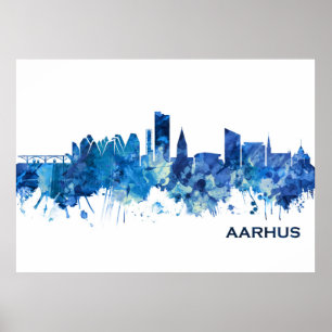 Póster Aarhus Dinamarca Skyline Blue