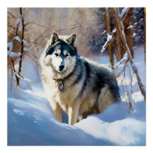 Póster Aaskan Malamute deja que nieve Navidades