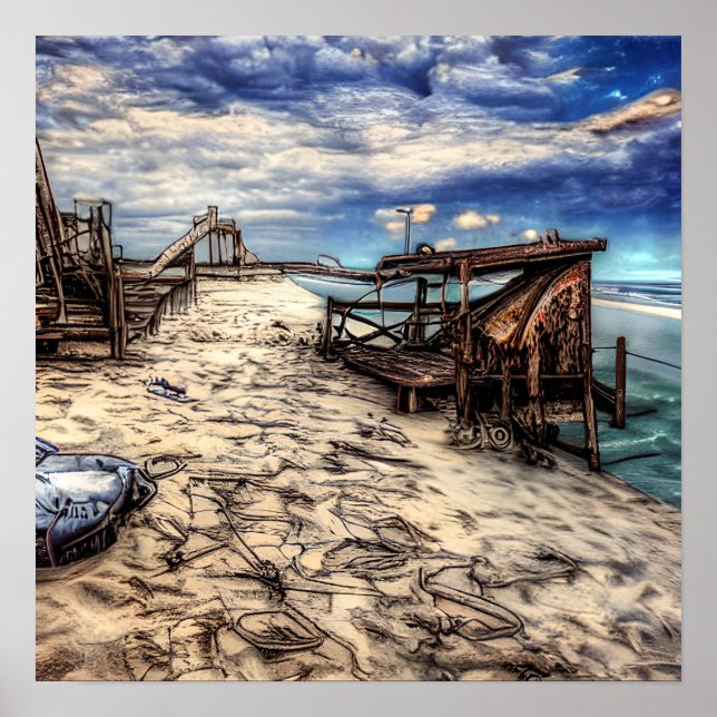 Póster Abandonada Playa Post Apocalíptica en Ruinas (Frente)