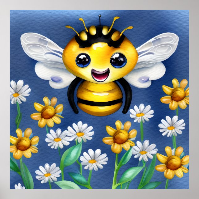 Póster Abeja Adorable en un Jardín de Flores Acuarela (Frente)