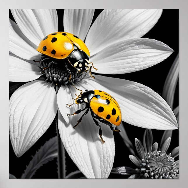 Póster Abeja Amarillo De Ladybugs Sobre Flor Blanca Negra (Frente)
