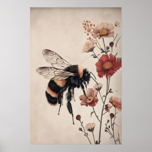 Póster Abeja Boho en Estampado de Flor Roja, Botánico Vin