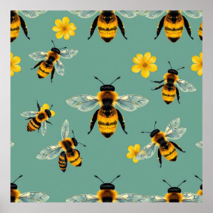 Póster Abeja Carpintera Acuarela Realista Panal 