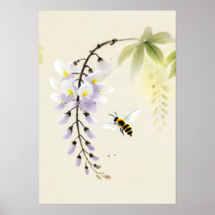 Póster Abeja china de tinta sobre la glicinia