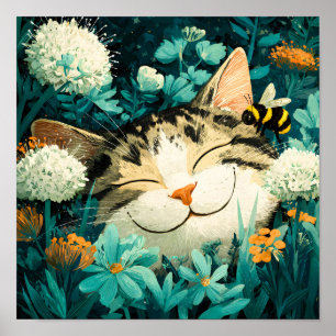 Póster Abeja de acuarela Gato durmiendo Flor Jardín