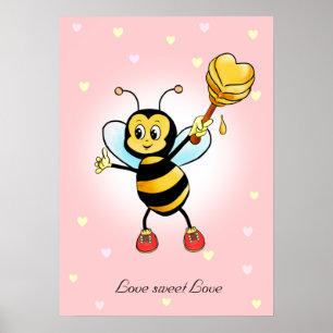 Póster Abeja de burbuja feliz y panza de miel sobre rosad