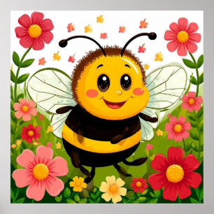 Póster Abeja de dibujos animados alegre rodeada de flores