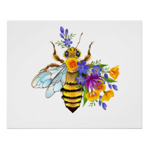 Póster Abeja de flor con plantas silvestres