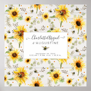Póster Abeja de girasol Rústica Madera Amarillo Estrellas