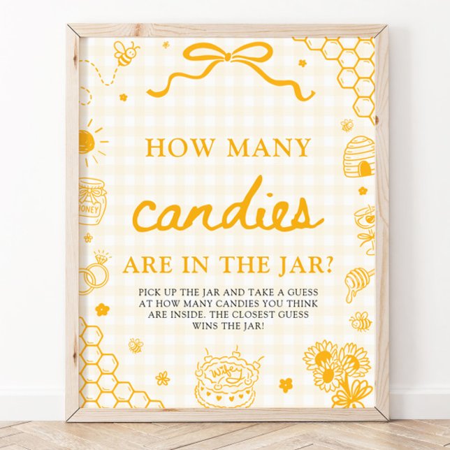 Póster Abeja de Miel de Gingham Amarillo Adivina Cuántas  (Yellow Gingham Honey Bee Guess How Many Candies Game Sign)