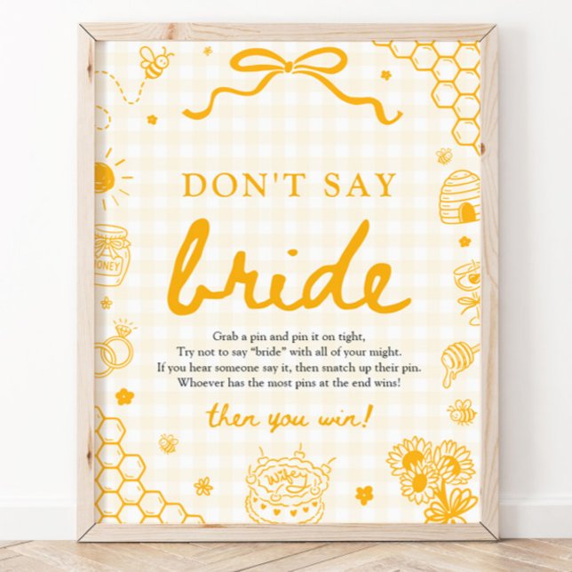 Póster Abeja De Miel De Gingham Amarillo Moderno No Digas (Modern Yellow Gingham Honey Bee Don't Say Bride Sign)