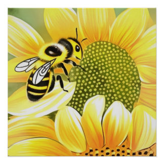 Póster Abeja De Miel Sobre El Arte De La Cuta De Girasol