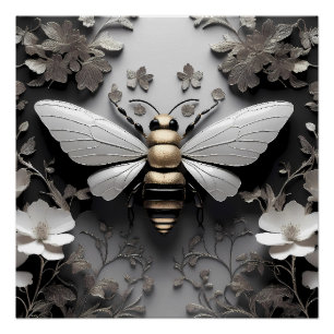 Póster Abeja dorada sobre lienzo floral