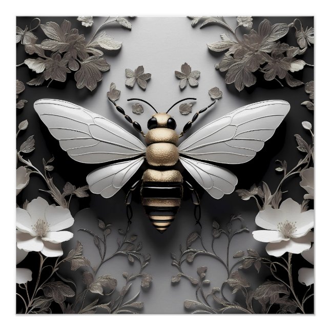 Póster Abeja dorada sobre lienzo floral (Anverso)