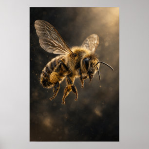 Póster Abeja Melífera en Vuelo con Pared de Polen Dorado 