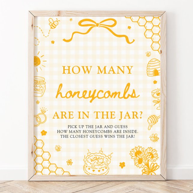 Póster Abeja Miel de Gingham Amarillo Adivina Cuántos Pan (Yellow Gingham Honey Bee Guess How Many Honeycombs Game Sign)