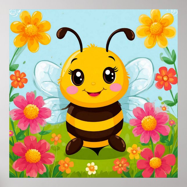 Póster Abeja Personalizado animada rodeada de flores bril (Frente)