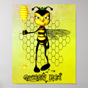 Póster Abeja Reina amarilla y negra con panal de miel
