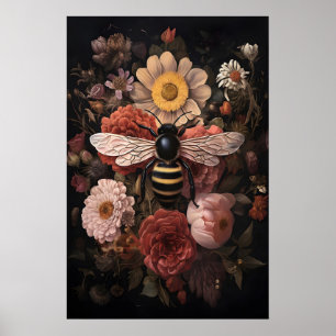 Póster Abeja silvestre en flor oscura, estampado de abejo