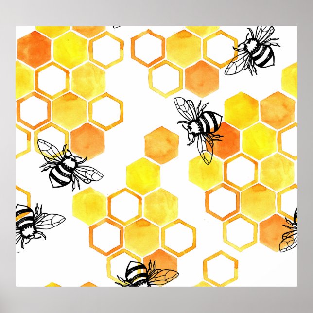 Póster Abejas de miel: Patrón de acuarela amarillo (Frente)