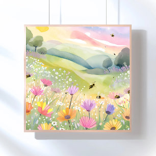 Póster Abejas de primavera Campos de flores Naturaleza