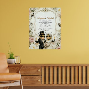 Póster Abejas melíferas adorables, elegante boda floral
