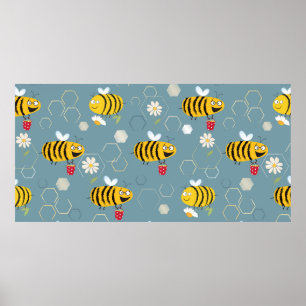 Póster Abejas ocupadas zumban alrededor y polinizan flore