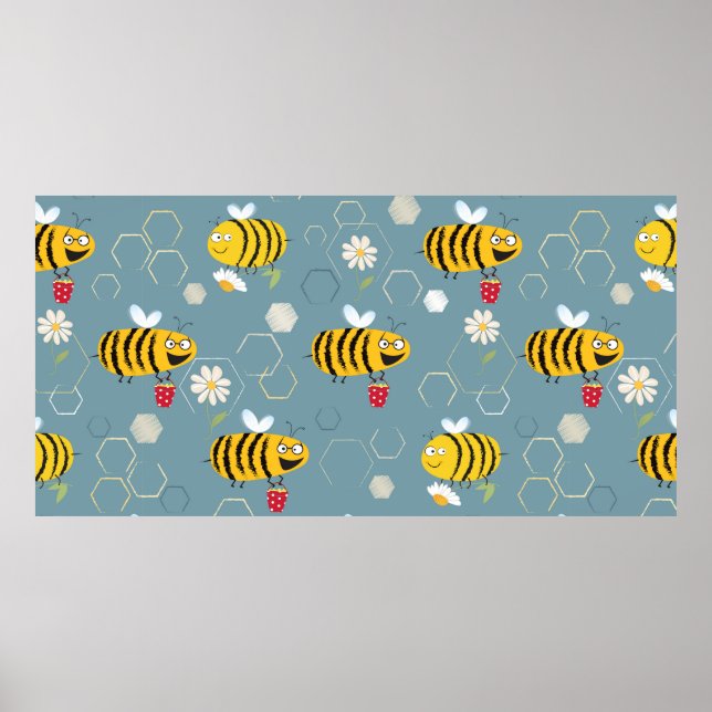 Póster Abejas ocupadas zumban alrededor y polinizan flore (Frente)