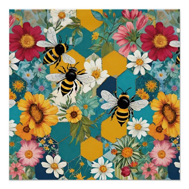 Póster Abejas y Florales Patrón de abeja flor (Anverso)