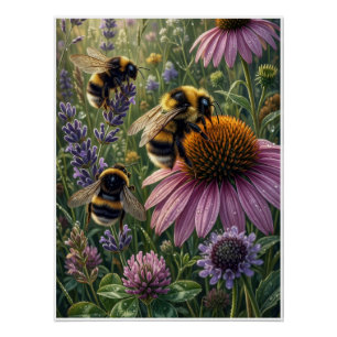 Póster Abejorros En Equináceas Flor Botánica Polinizador