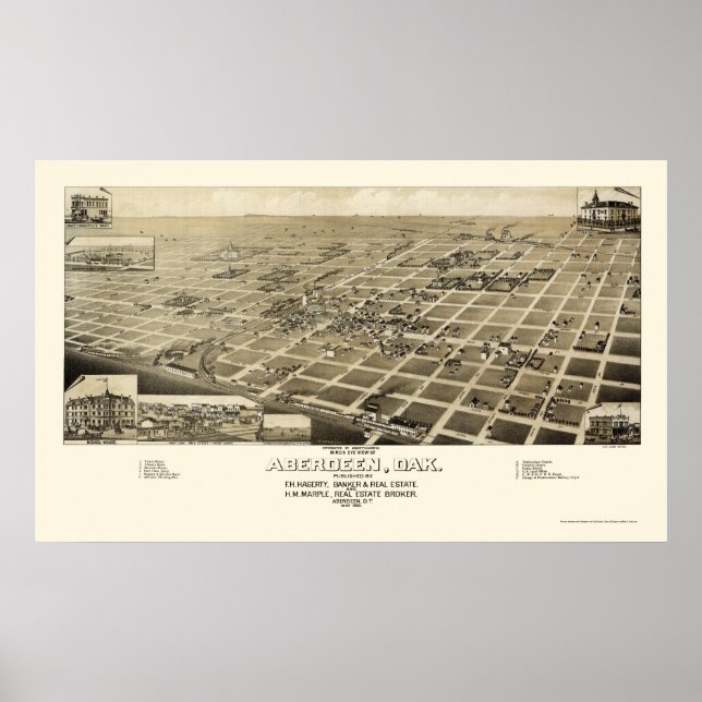 Póster Aberdeen, Mapa Panorámico SD - 1883 (Frente)