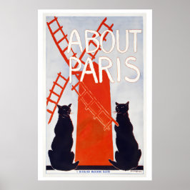 Póster About Paris France Red Windmill Black Cats Vintage