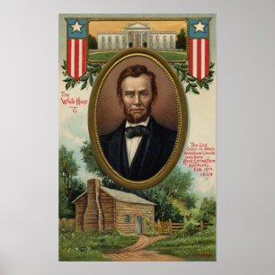 Póster Abraham Lincoln y cabaña de madera en Kentucky