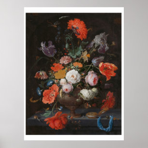 Póster Abraham Mignon todavía vive con flores y un reloj