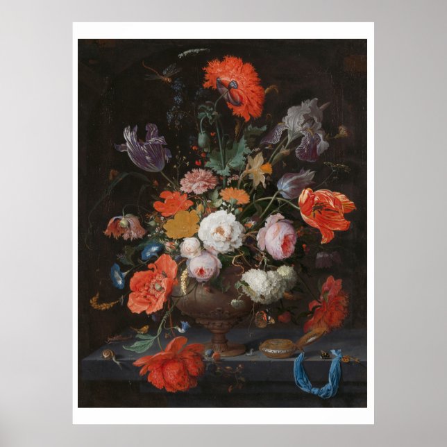 Póster Abraham Mignon todavía vive con flores y un reloj (Frente)
