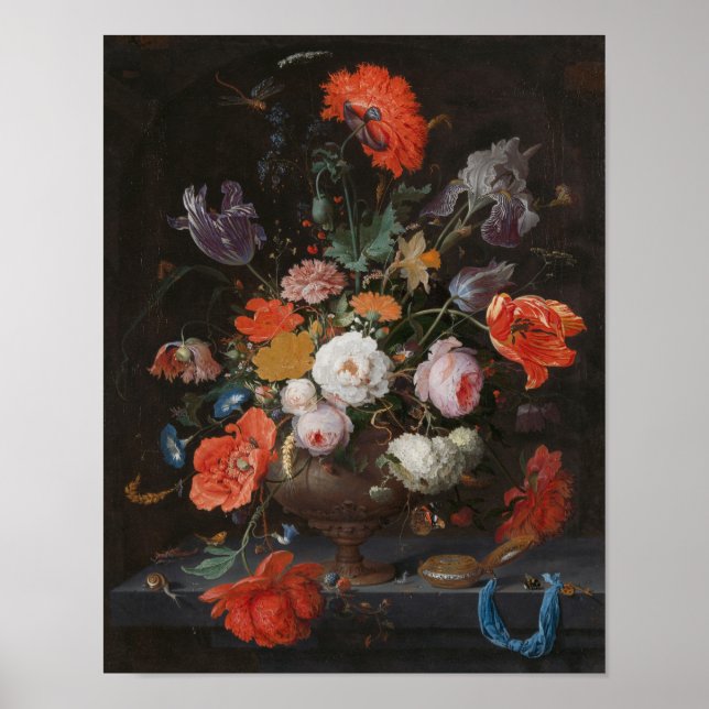 Póster Abraham Mignon todavía vive con flores y un reloj (Frente)