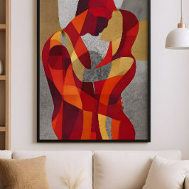 Póster Abrázame – Amantes abstractos en rojo y dorado