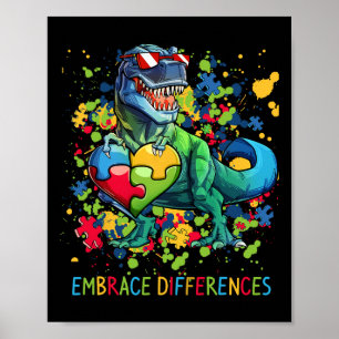 Póster Abrazar las diferencias Autismo Dinosaurio T-rex R