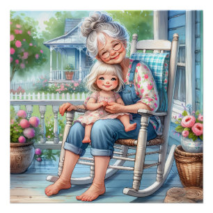 Póster Abrazo de abuela y nieta en el porche