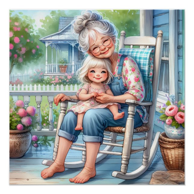 Póster Abrazo de abuela y nieta en el porche (Anverso)