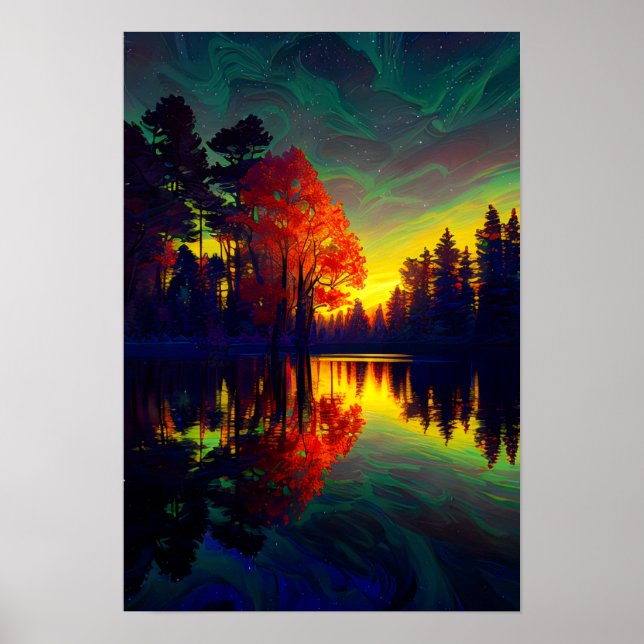 Póster Abrazo de Crepúsculo, lago rodeado de bosques (Frente)