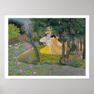 Póster Abrazo de Radha y de Krishna en una arboleda del