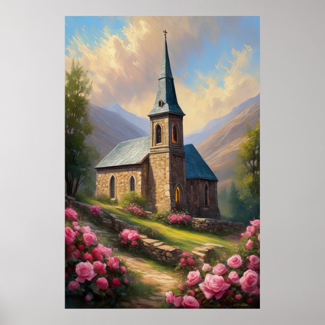 Póster Abrazo de rosas, iglesia medieval (Frente)