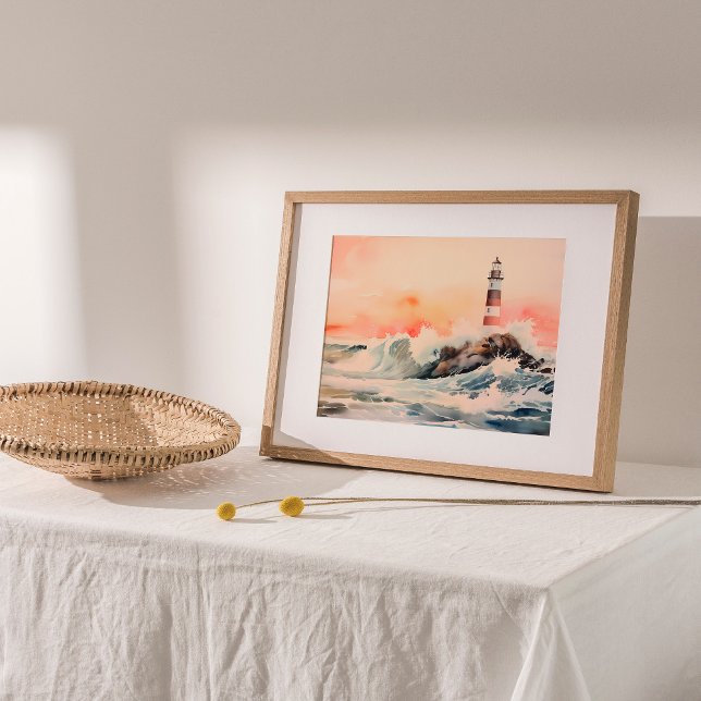 Póster Abrazo del faro: pintura de acuarela costera (Surrender to coastal beauty with a captivating watercolor painting.)