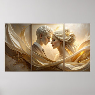 Póster Abrazo Dorado: Retrato Etéreo de Pareja en Seda a