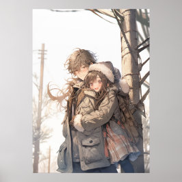 Póster Abrazo invernal: amor anime en la nieve