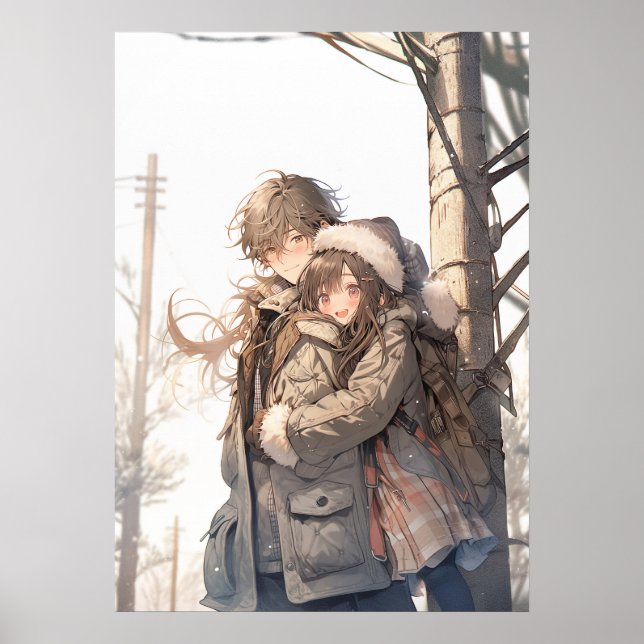 Póster Abrazo invernal: amor anime en la nieve (Frente)