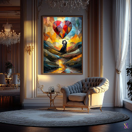 Póster Abrazo romántico bajo un corazón de vidrio manchad