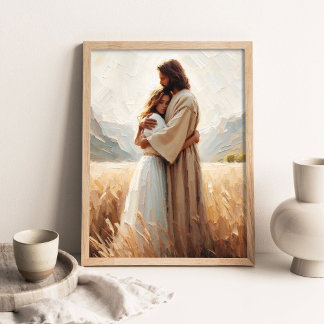 Póster Abrazo sanador, Jesús abrazando a una niña, Jesús